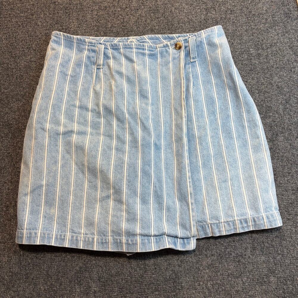 Vintage Erika Classics Blue White Stripe Denim Wrap Cotton Skort Skirt Shorts 12